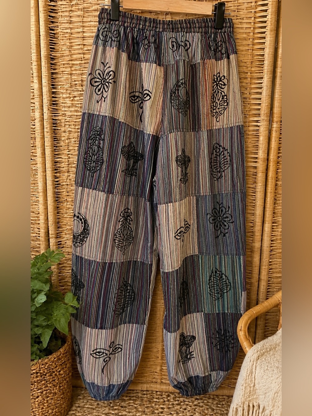 Boho Patchwork Wide-Leg Colorful Striped Harem Pants Cotton Folk Print Size L/XL - Picture 3 of 16